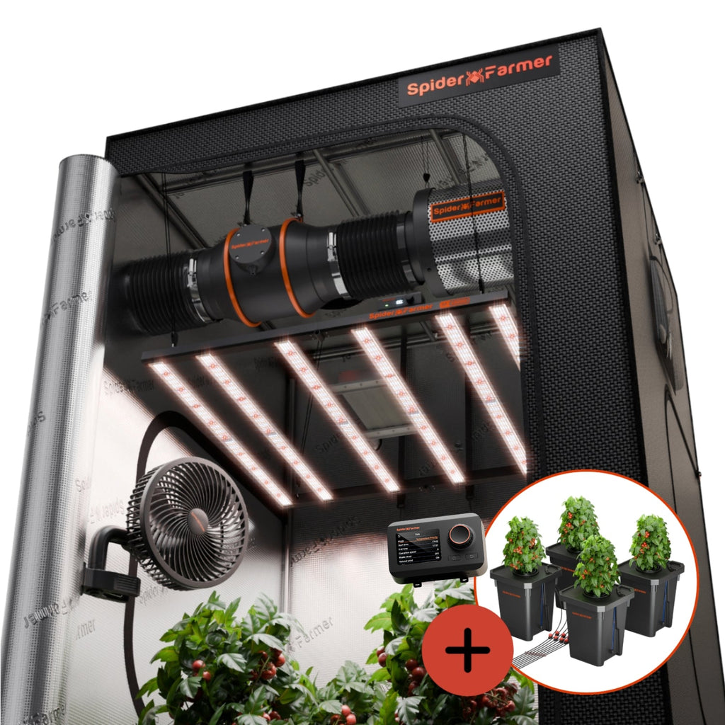 Spider Farmer Hydroponik (DWC) Komplettset (120x120x200 cm) 480 Watt G5000 EVO LED mit GGS für smarte Steuerung und 4 Töpfen – 1