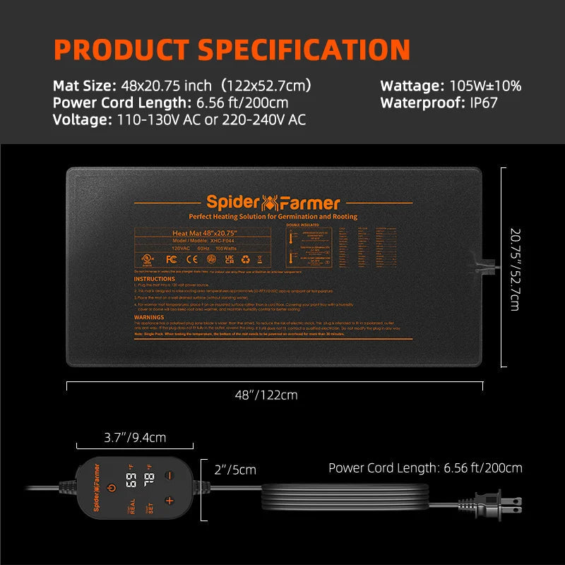 Spider Farmer Heizmatte 121x52 cm mit Thermostat 105 Watt – 7