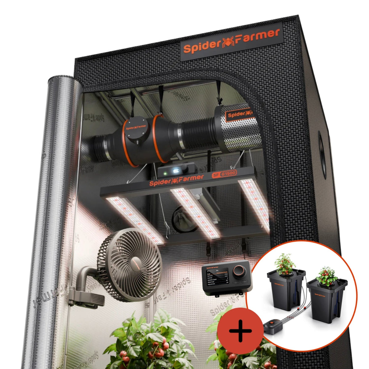 Spider Farmer Hydroponik (DWC) Komplettset (70x70x160 cm) 150 Watt G1500 EVO LED mit GGS für smarte Steuerung und 2 Töpfen – 1