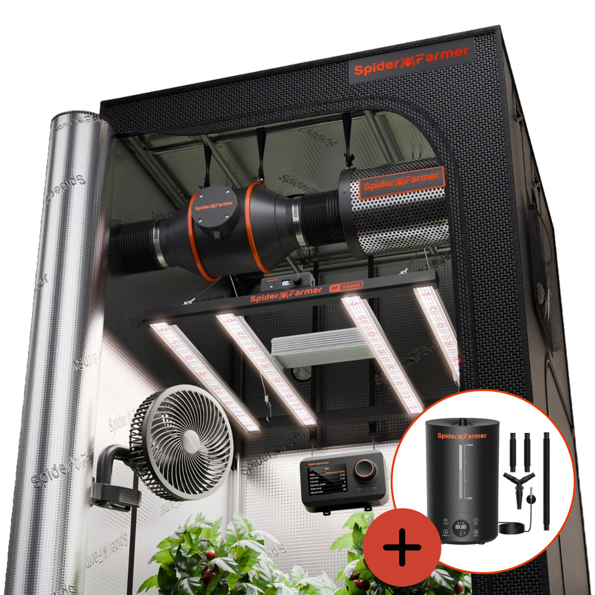 Spider Farmer Komplettset (90x90x180 cm) 300 Watt SE3000 EVO LED mit GGS für smarte Steuerung und Luftbefeuchter – 1