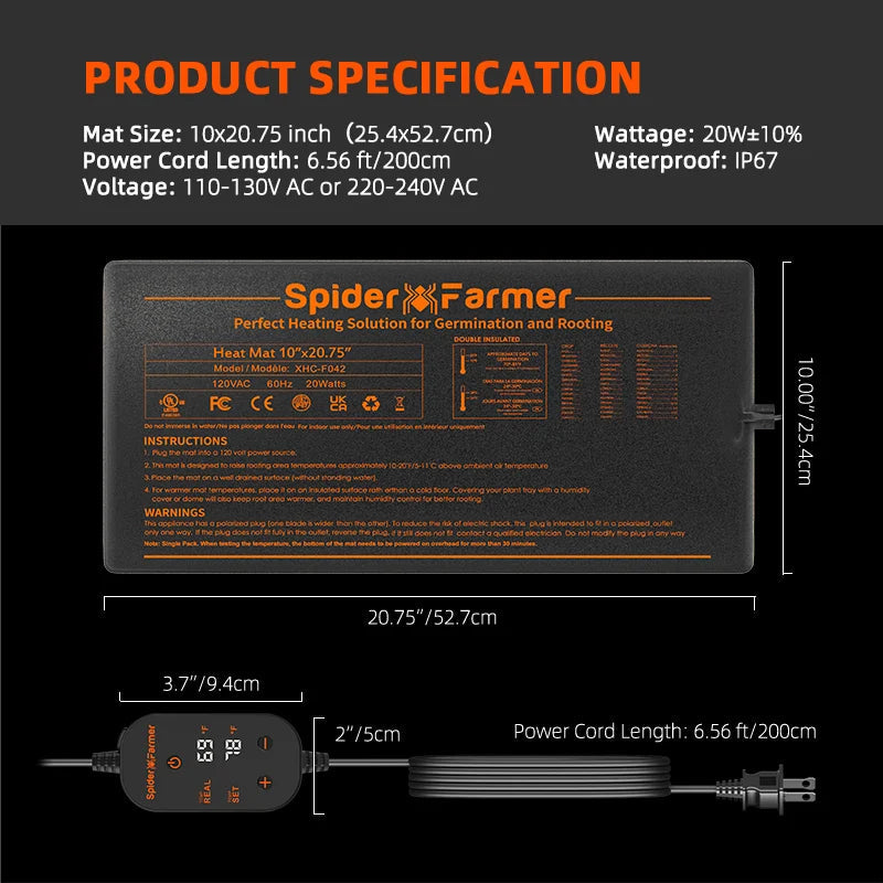 Spider Farmer Heizmatte 52x25 cm mit Thermostat 20 Watt – 7