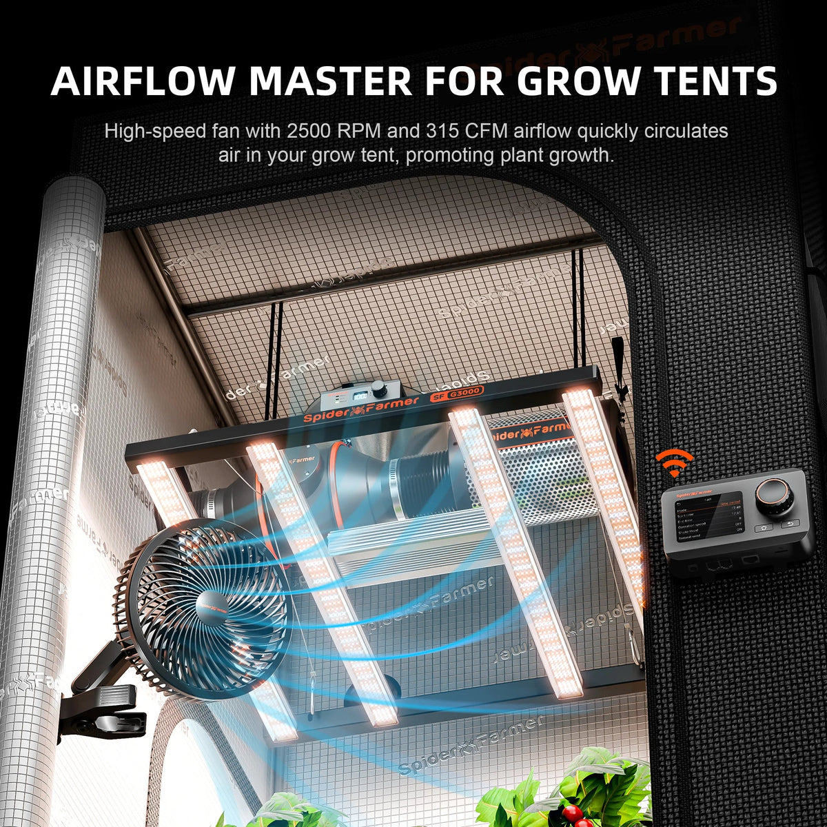 Spider Farmer Smarter Schwenkventilator mit Stangenclip Ø 15 cm 8 Watt – 3